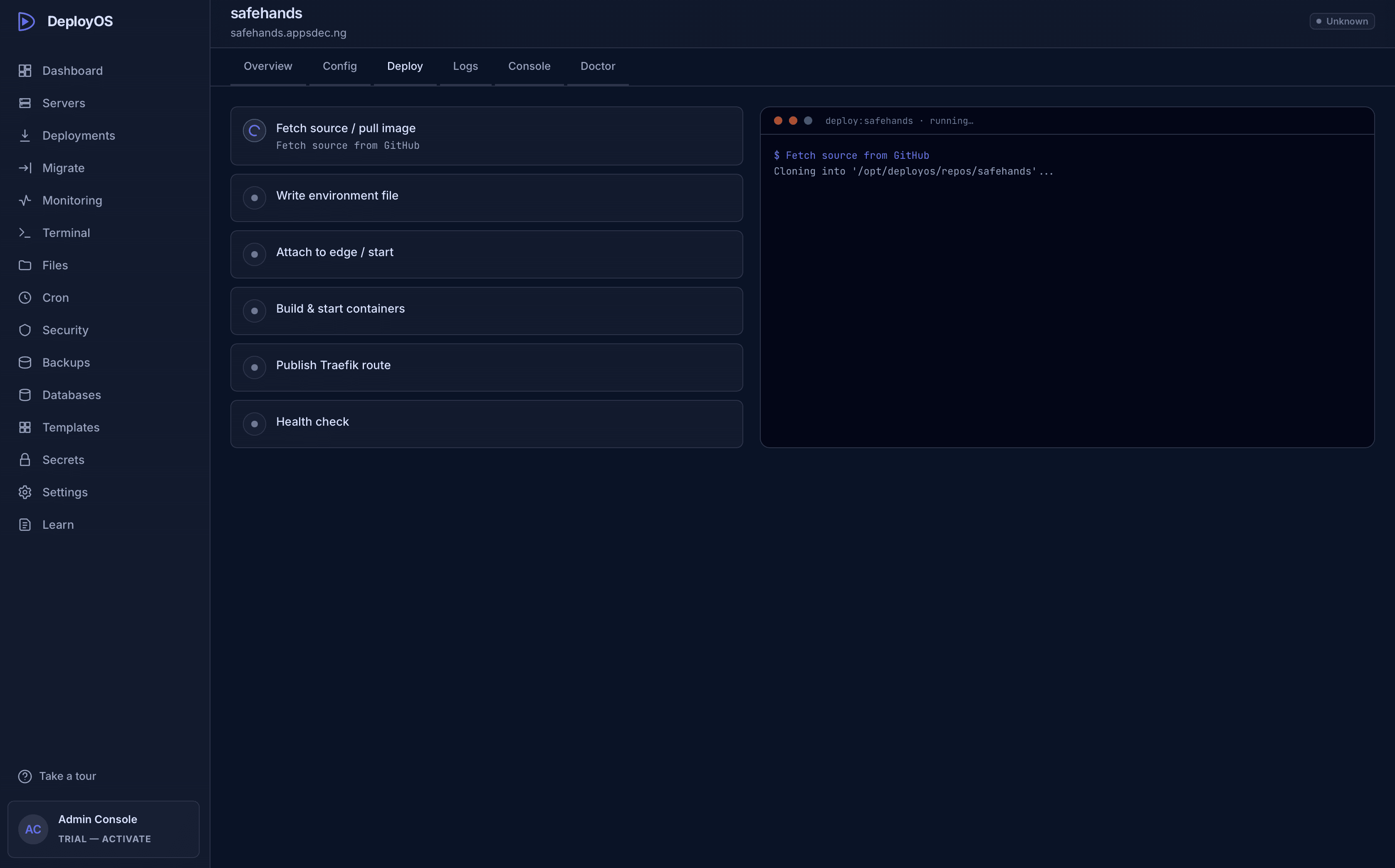 The DeployOS dashboard - deploy and manage a VPS from a visual interface
