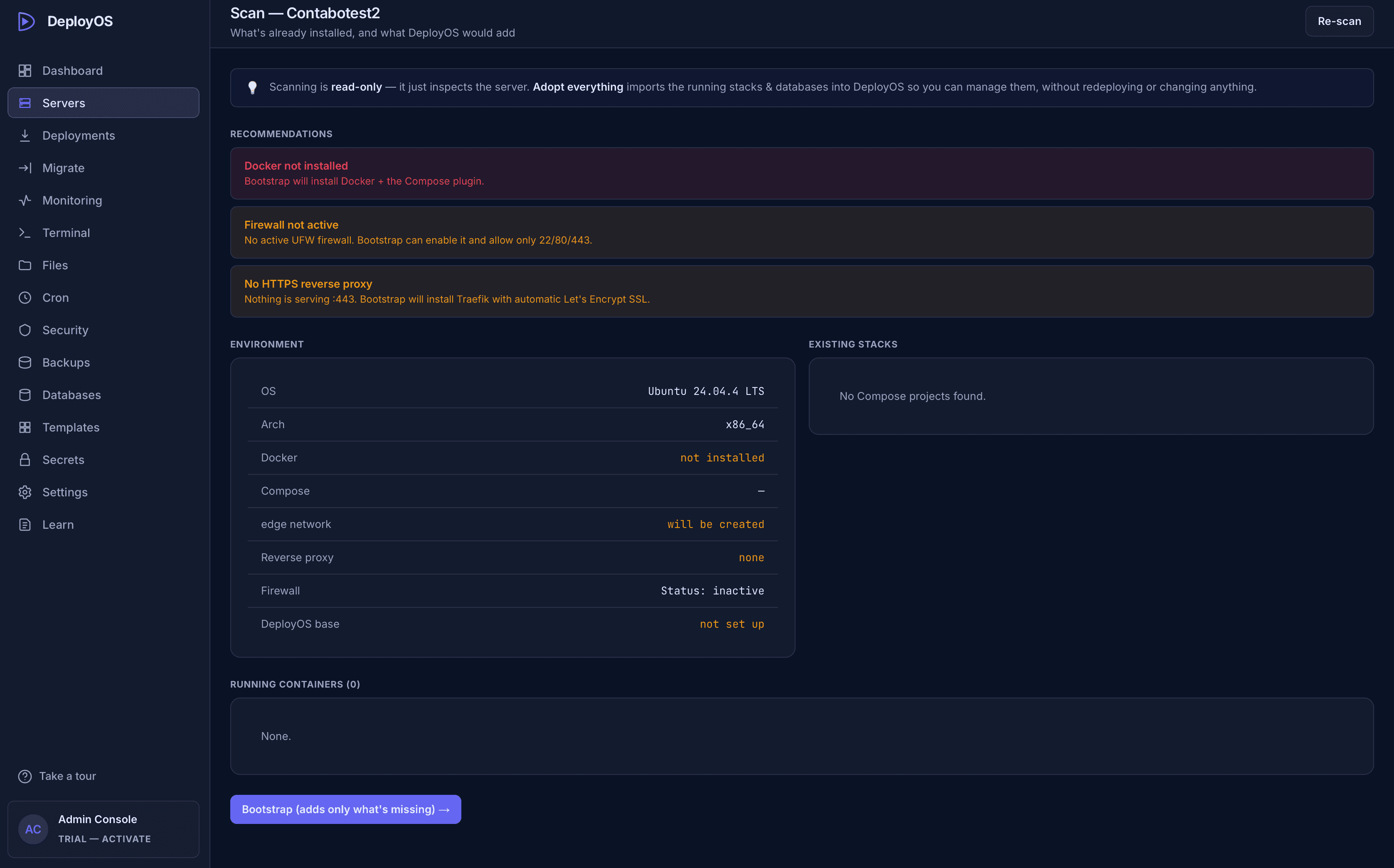 DeployOS scanning a server and adopting its running services