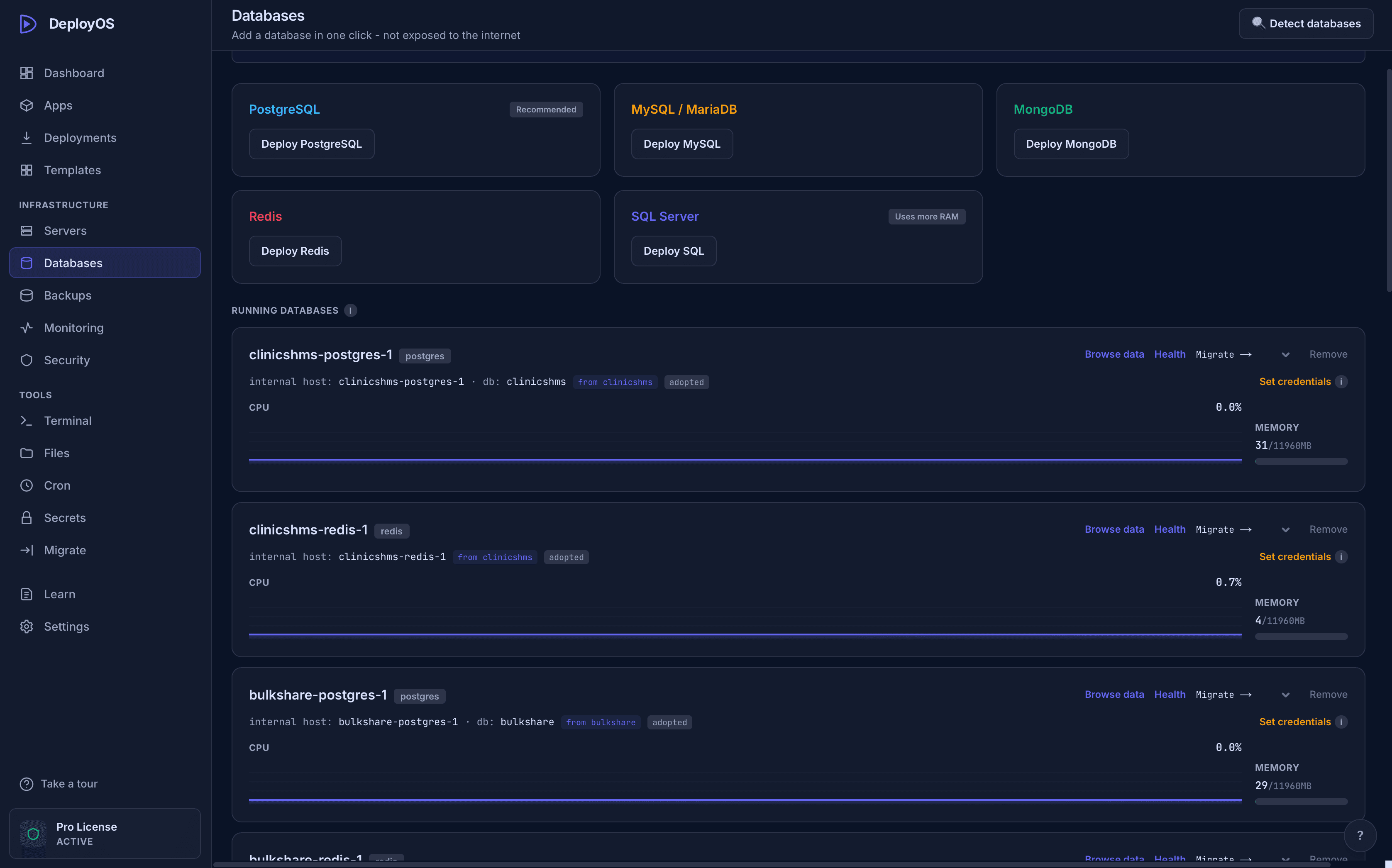 DeployOS database browser with inline table view