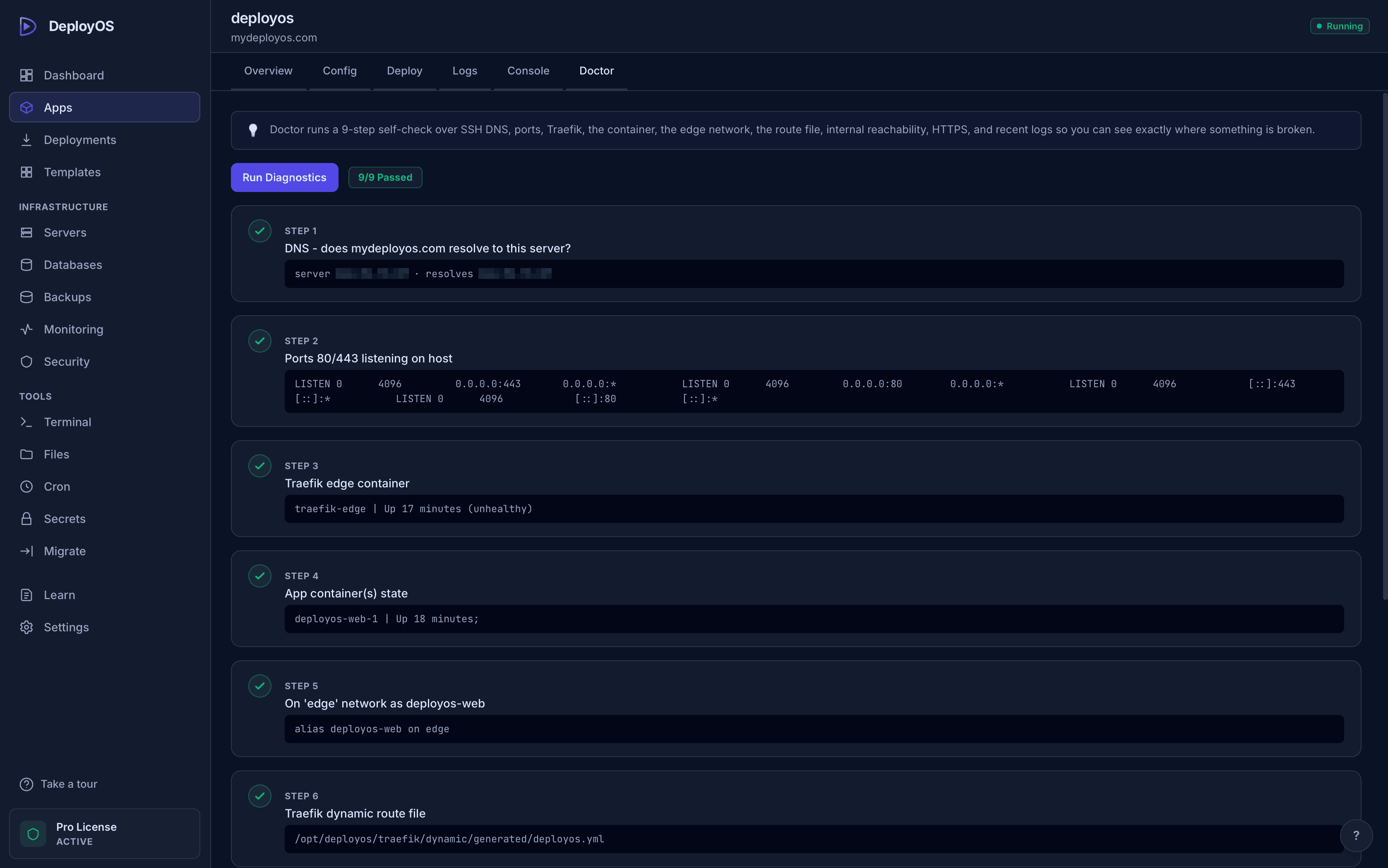 DeployOS App Doctor diagnostic results