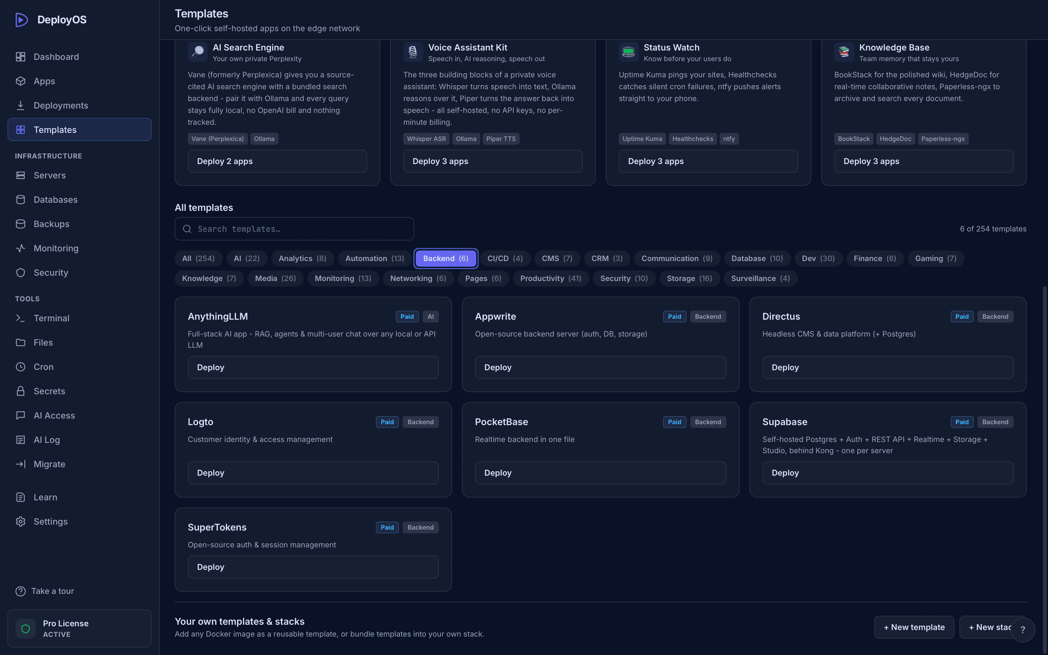 DeployOS one-click Supabase template card in the Backend category