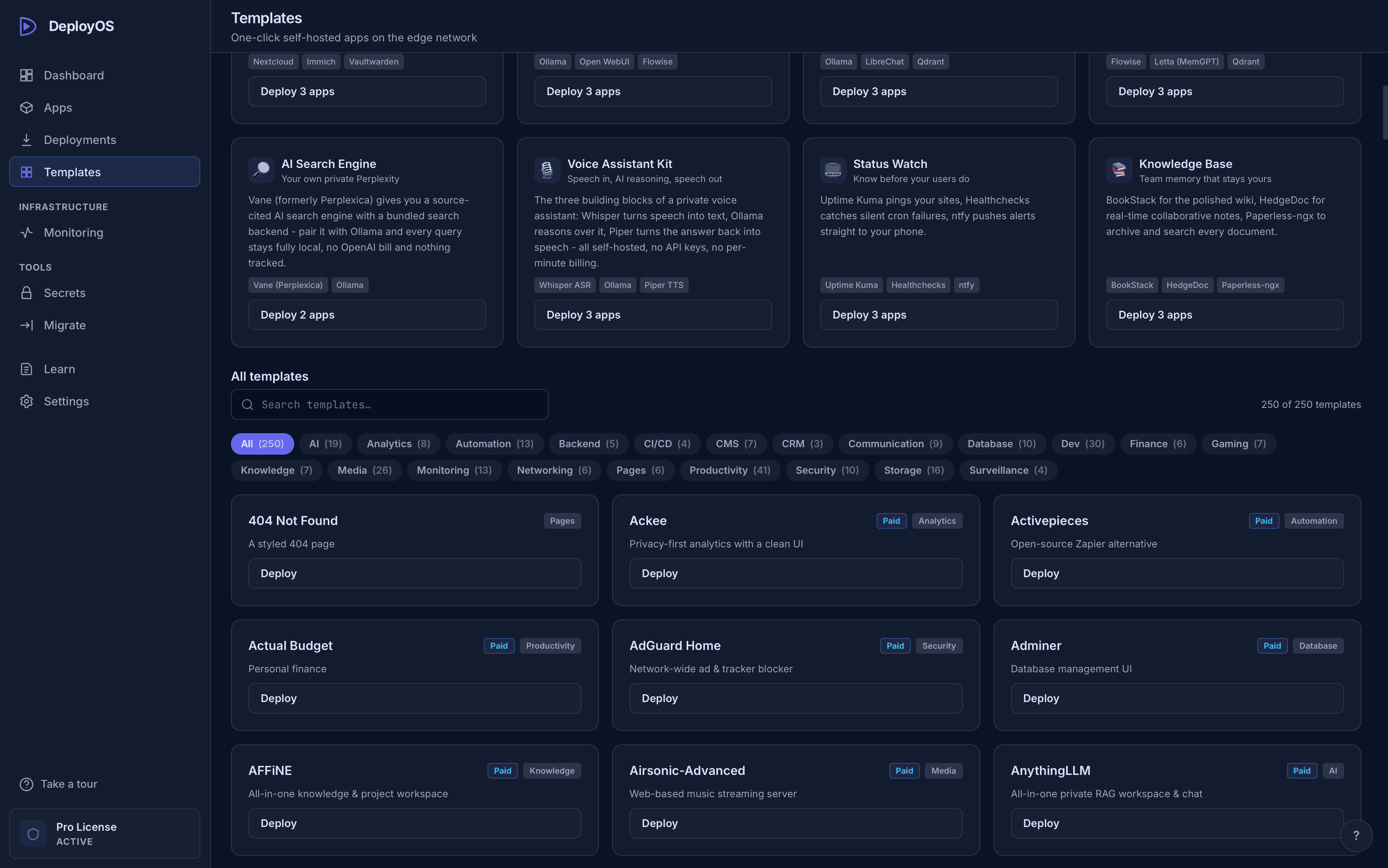 DeployOS template gallery with one-click app launches