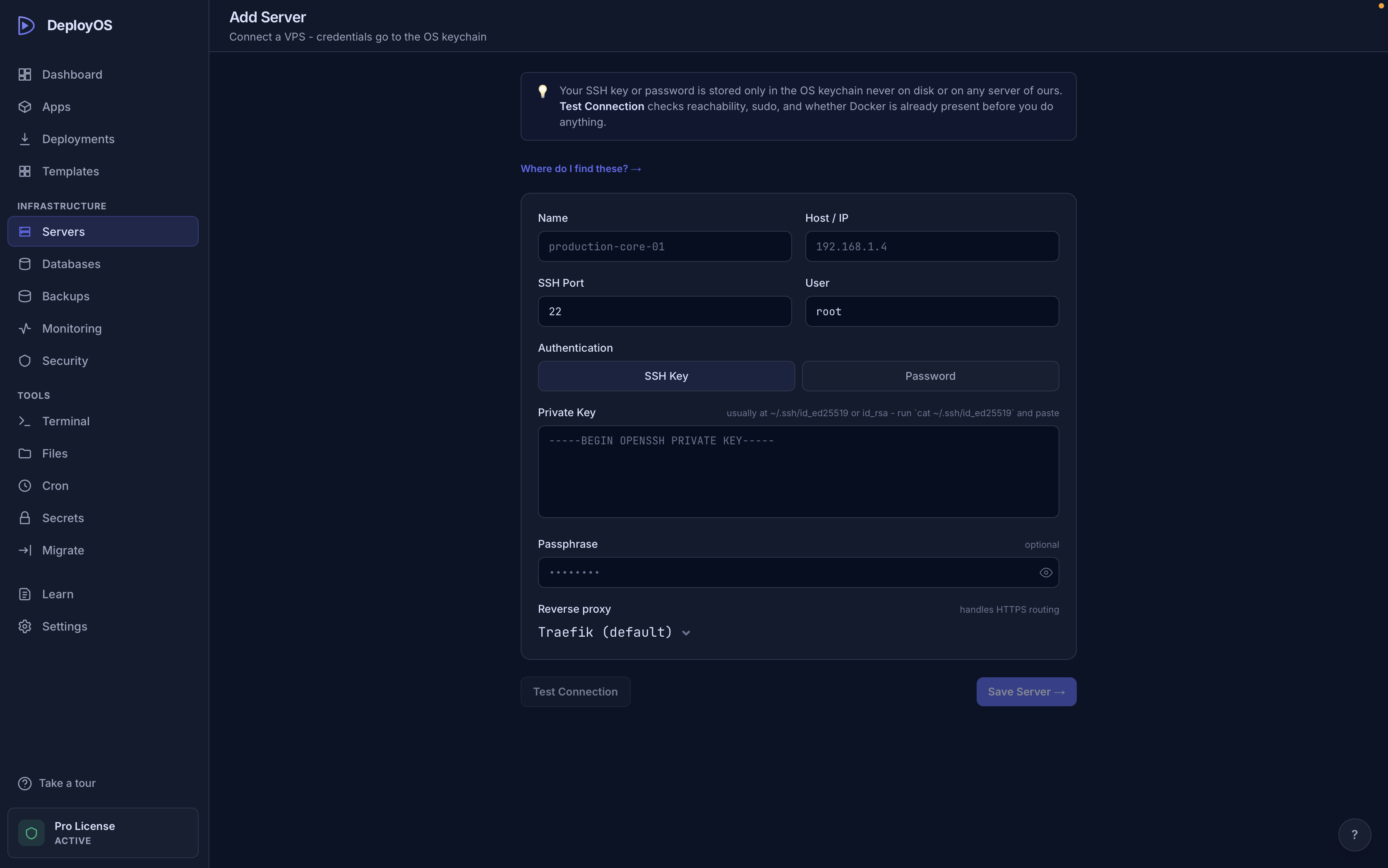 Add Server form with host/port/credentials and proxy dropdown