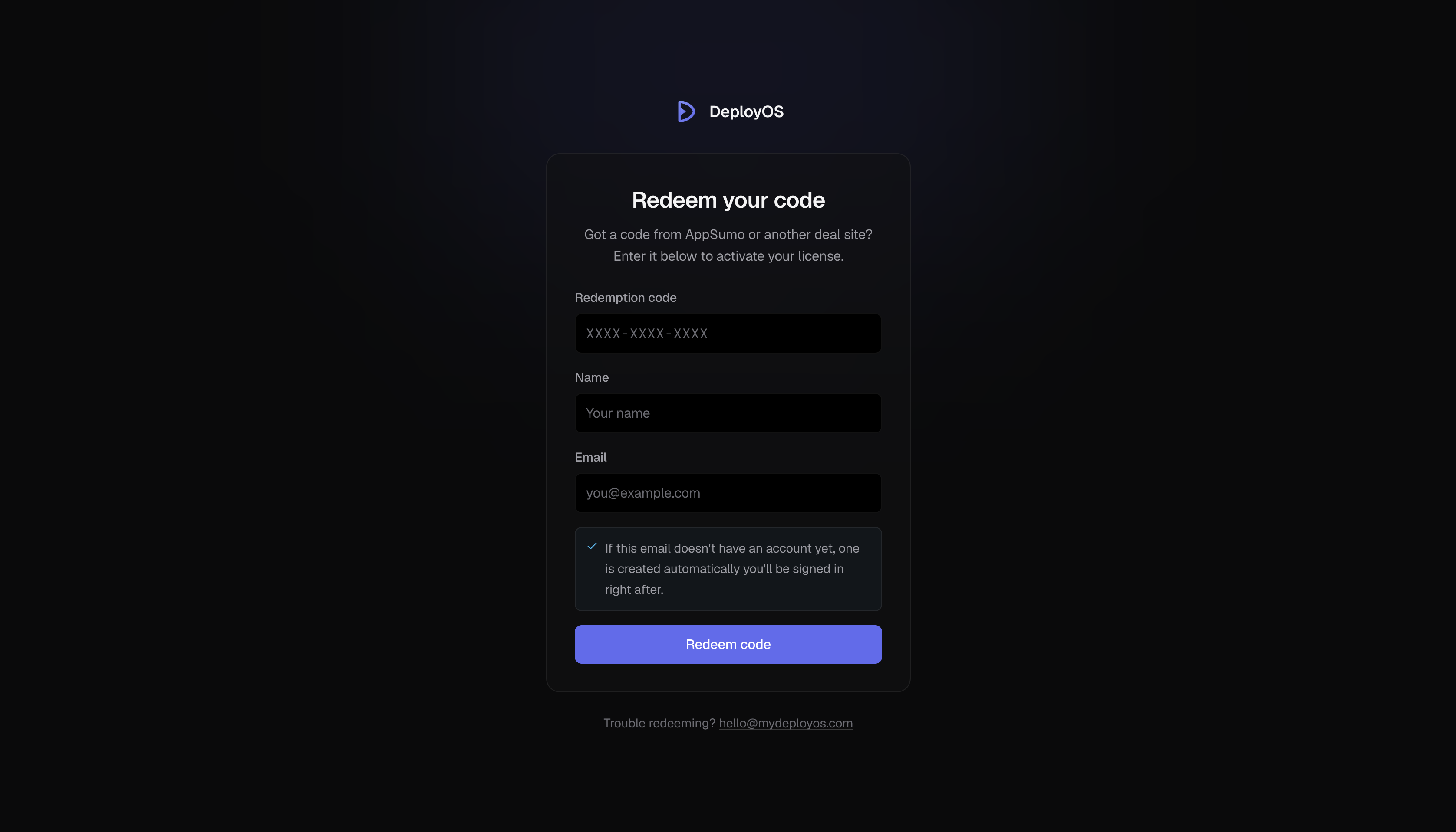 AppSumo redemption form and key display