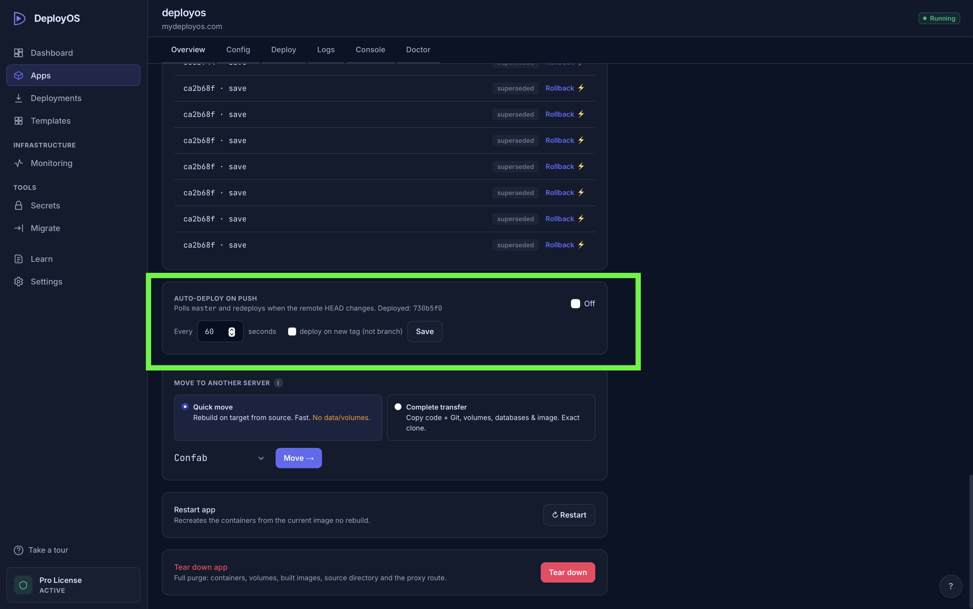Auto-deploy toggle on app Overview tab