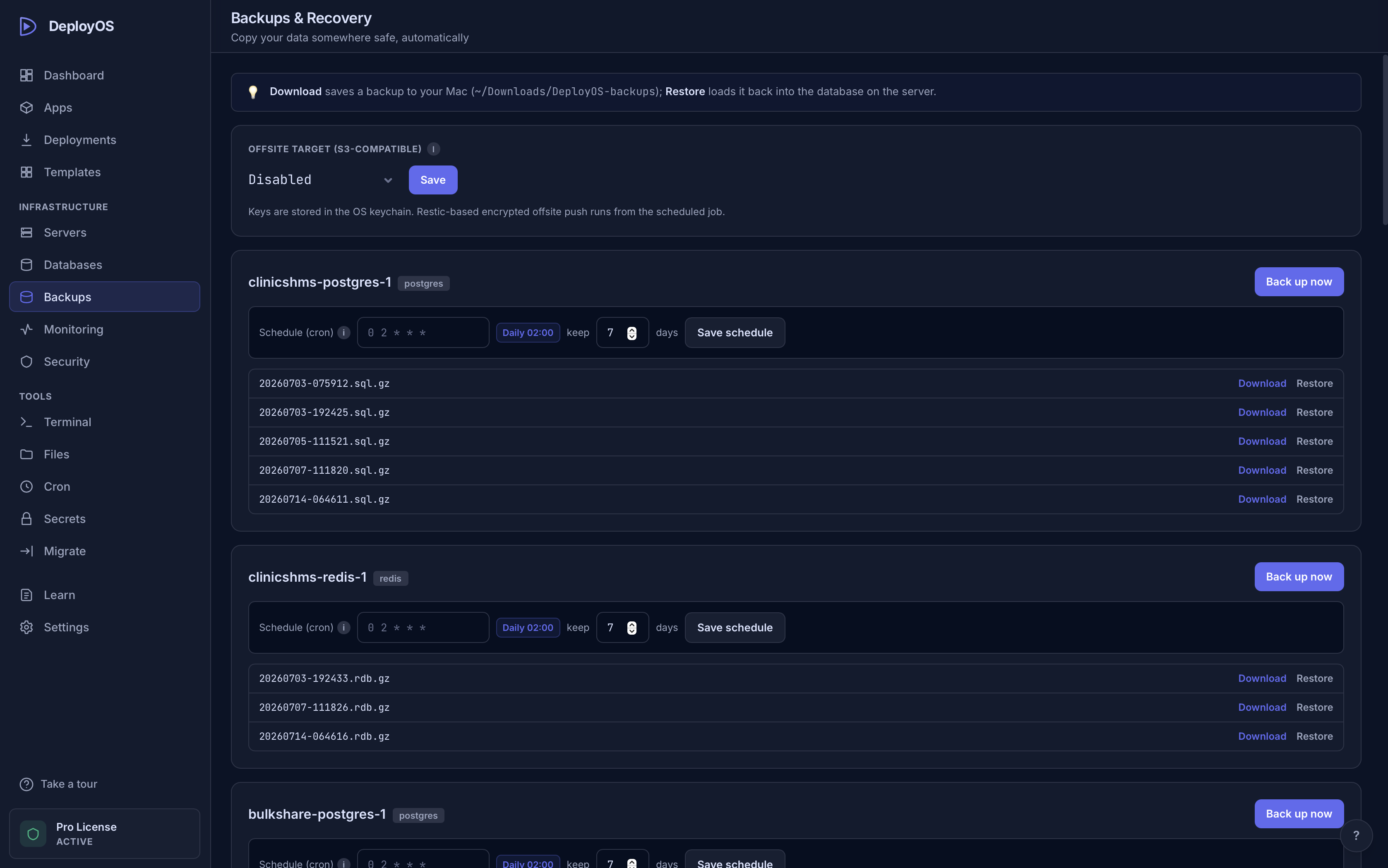 Backup schedule card with cron picker and retention field