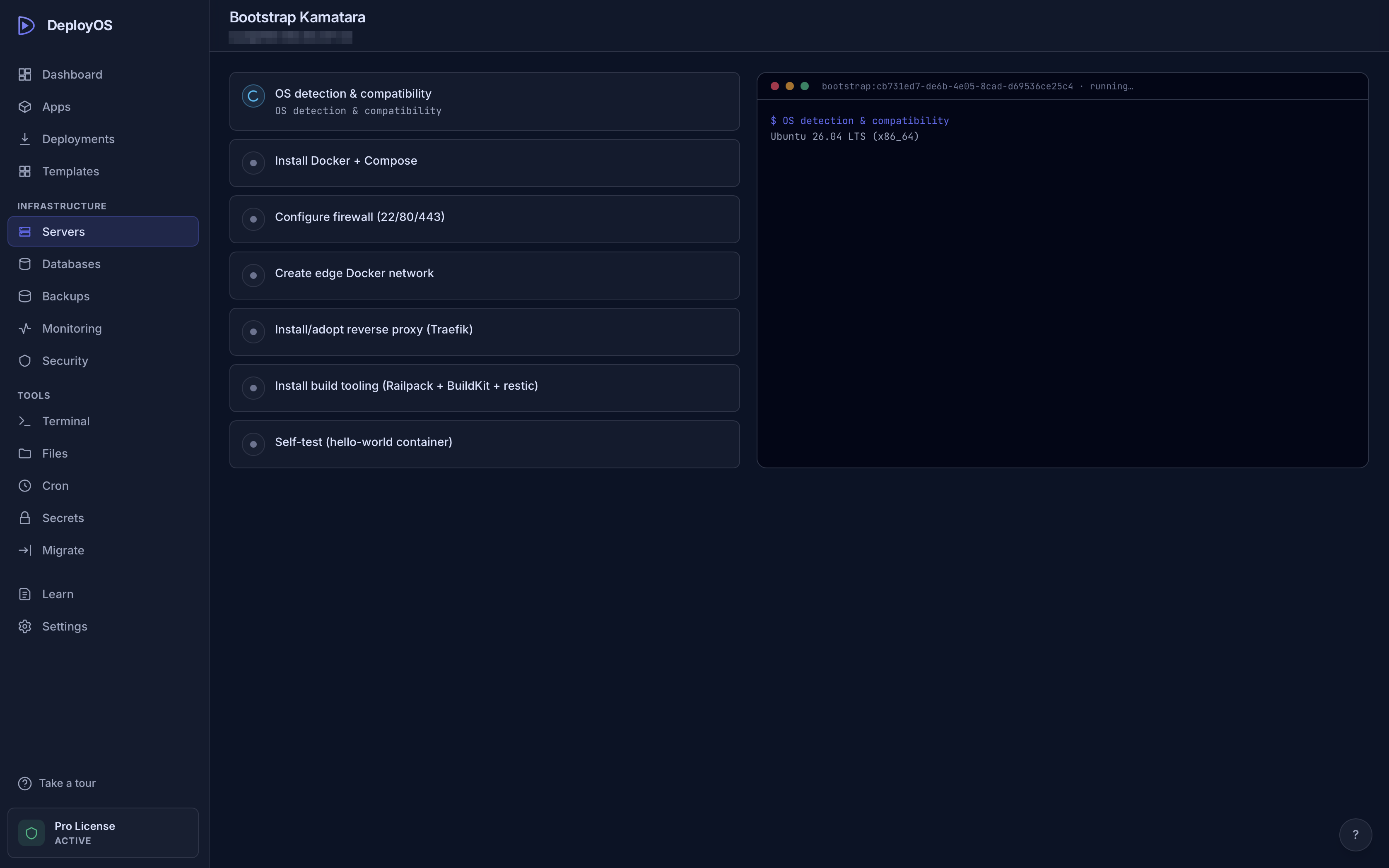 Live bootstrap checklist showing step statuses