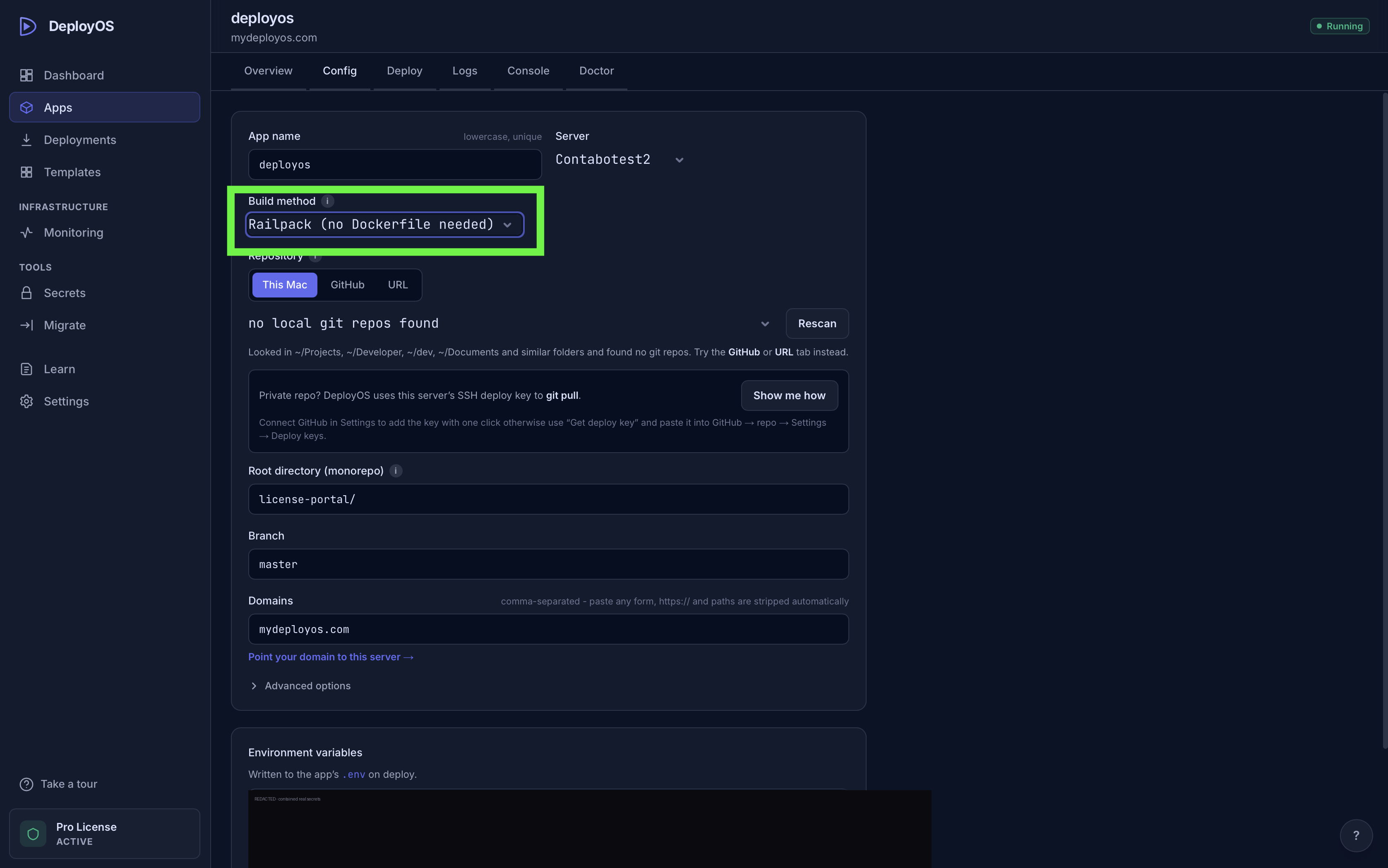 Build-method selector on app Config tab