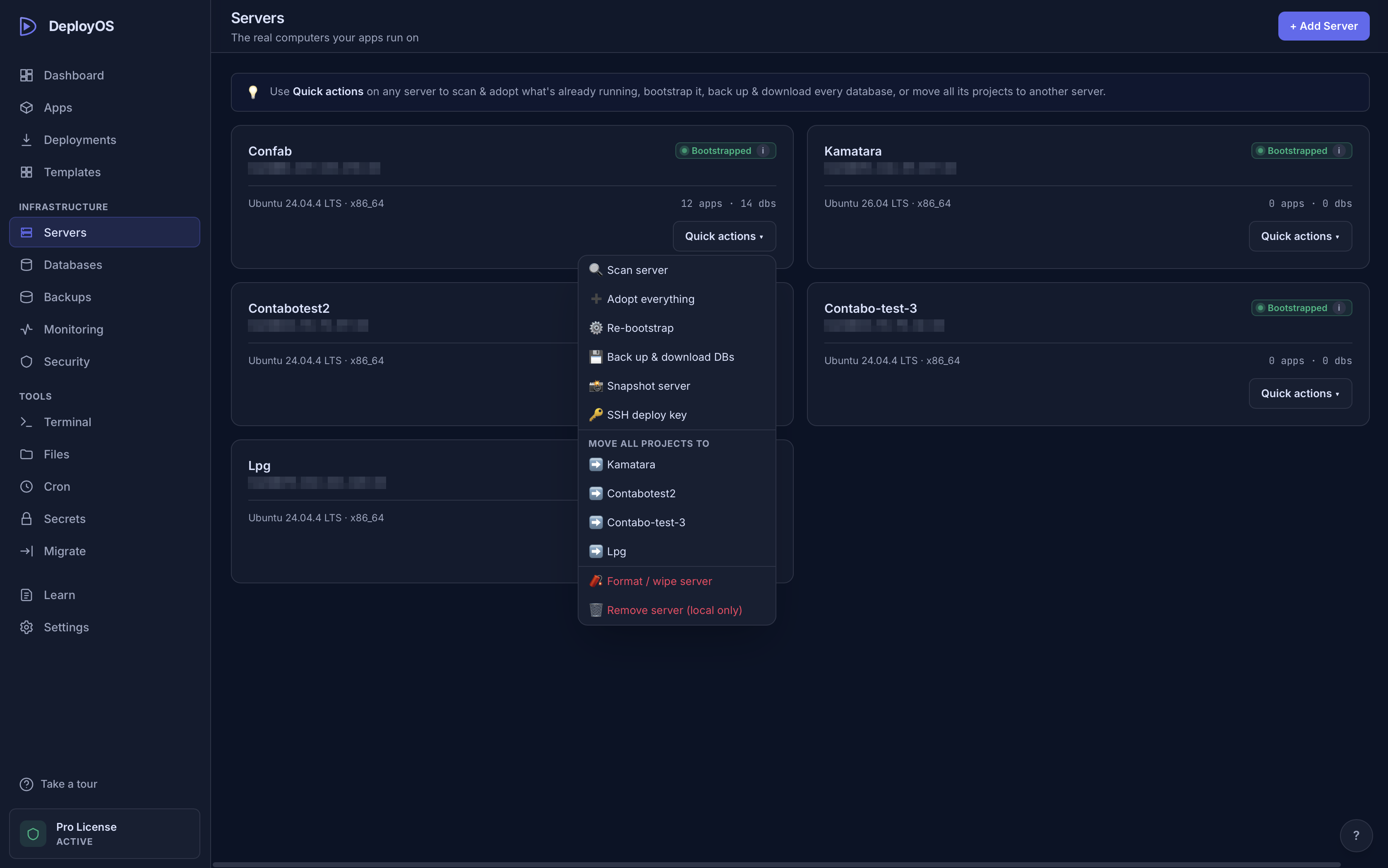 Bulk migration panel with per-app status sidebar and live log