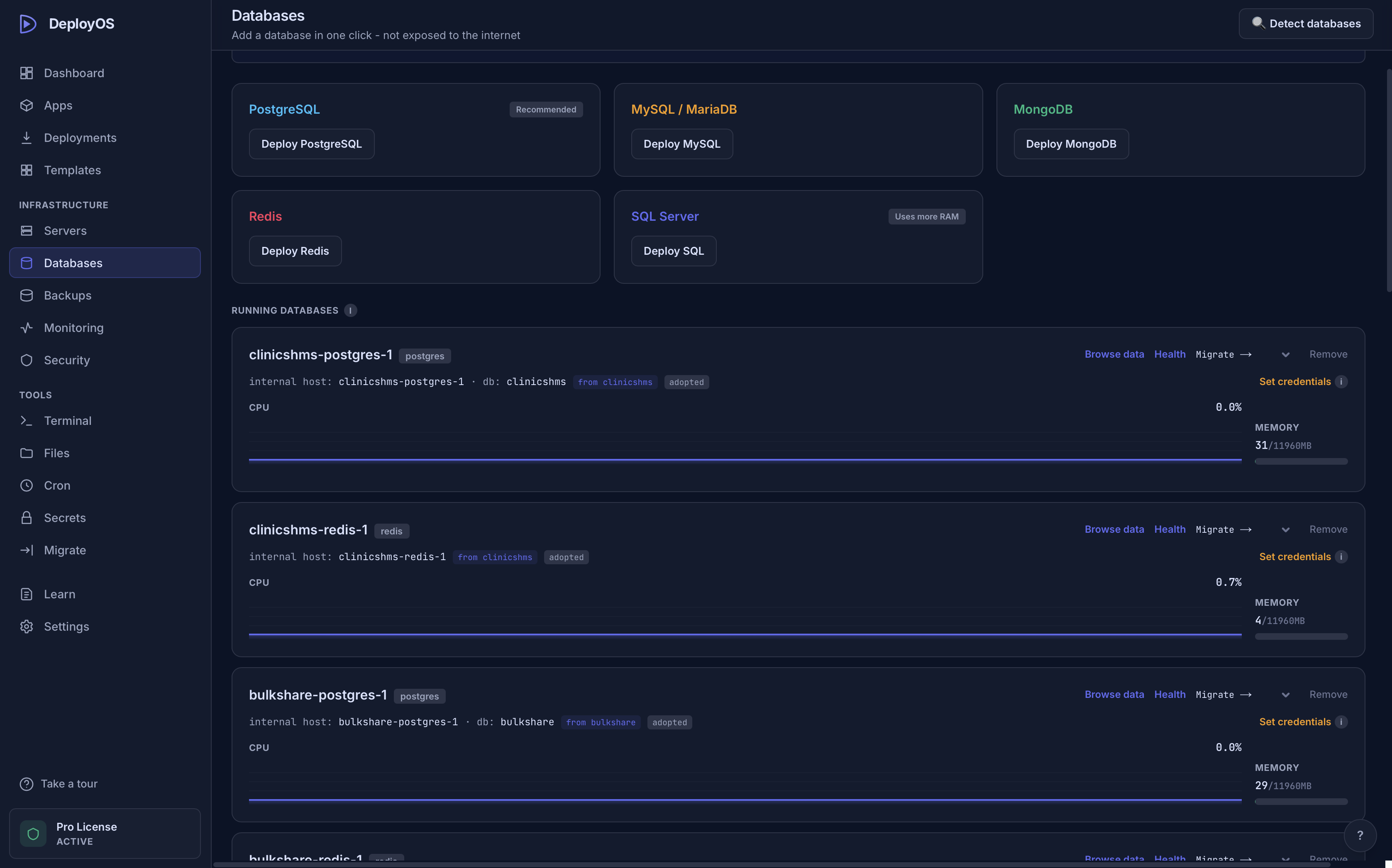 Databases page listing deployed engines with health indicators