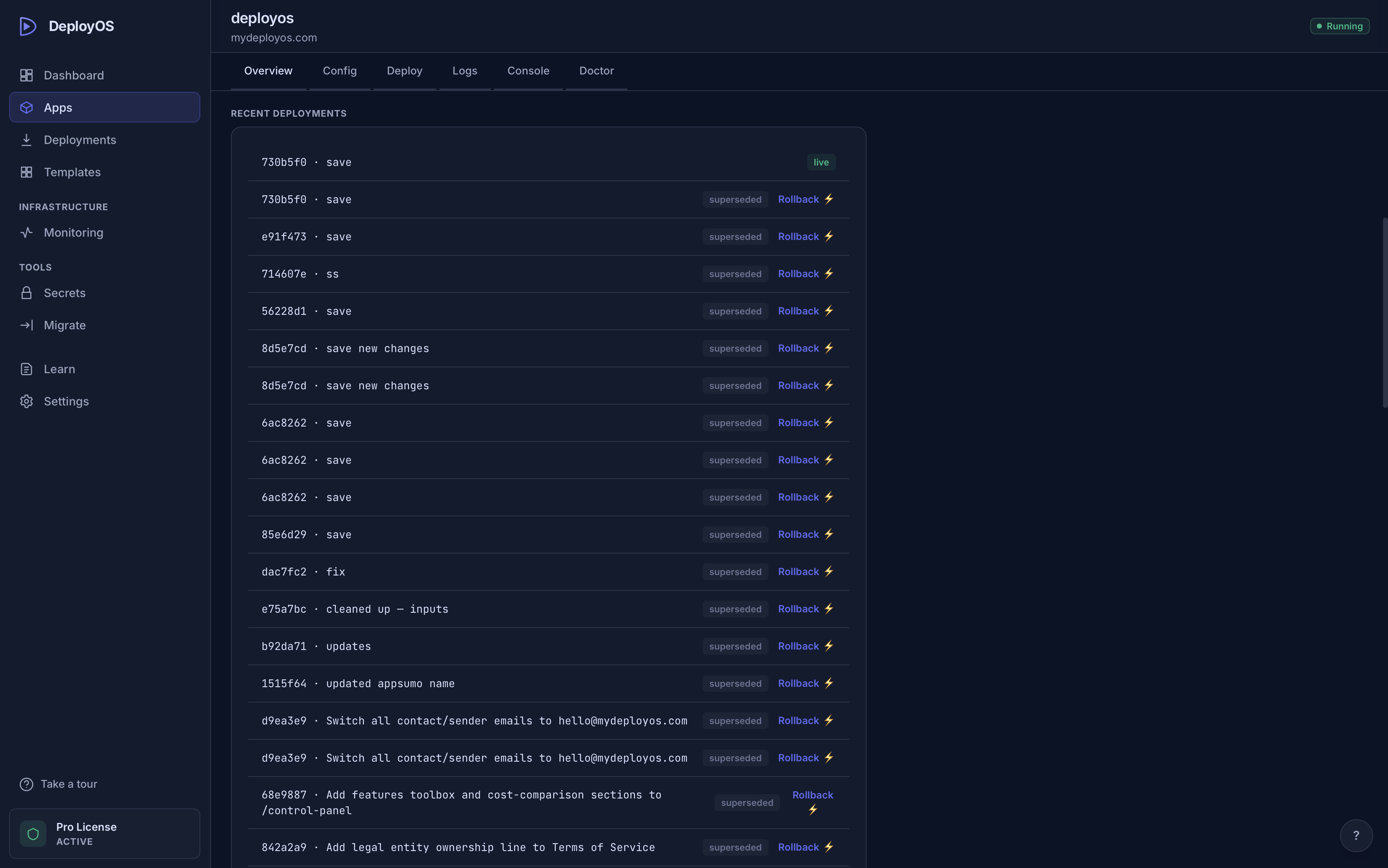 Deployments tab with past deploys and Rollback buttons