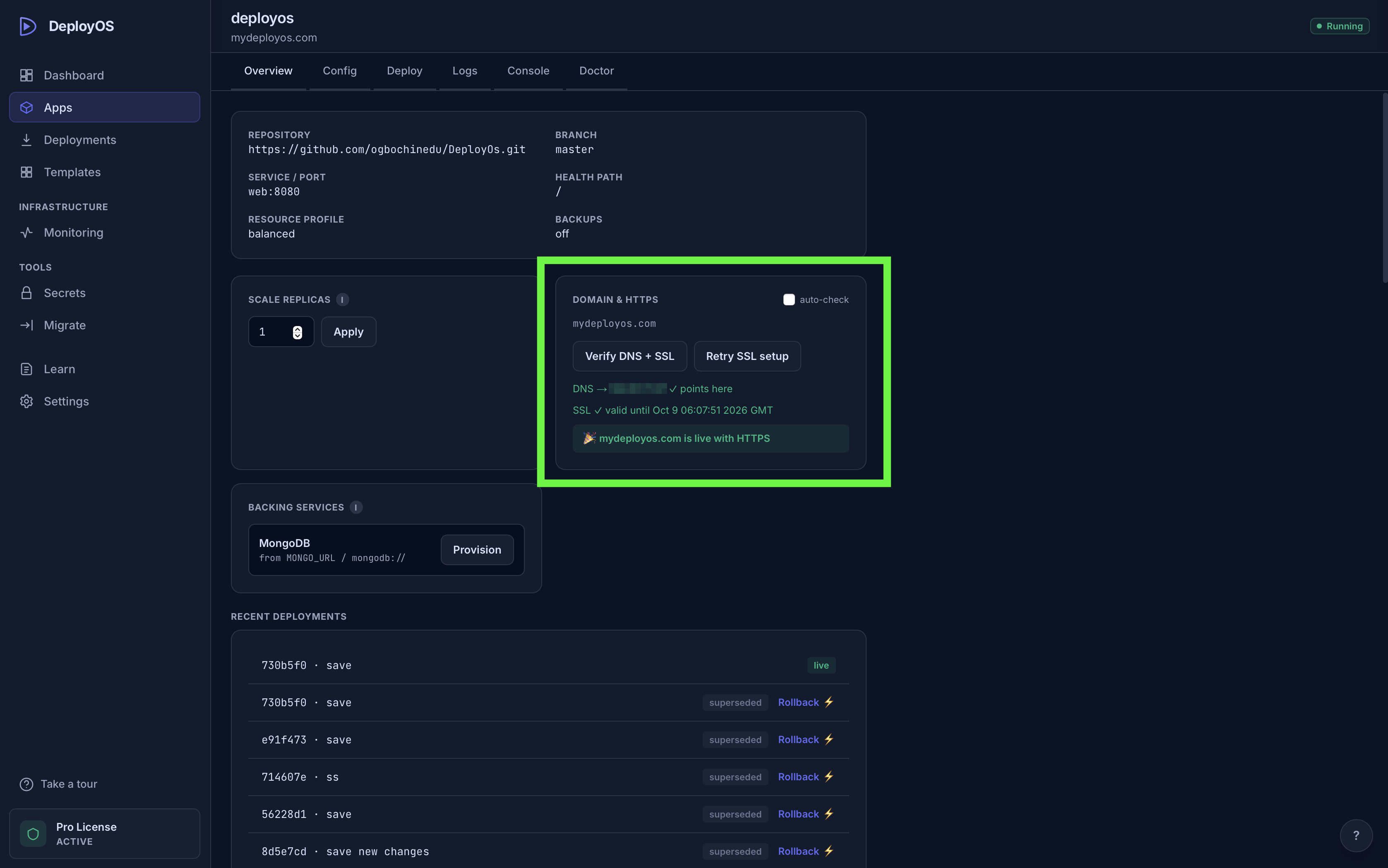 Domain card mid-cutover showing DNS waiting and certificate issued