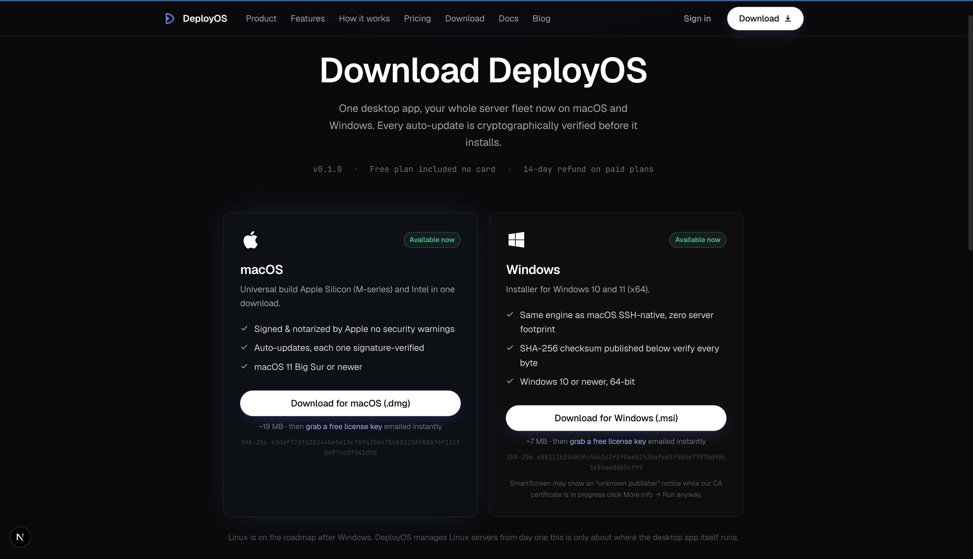 Download page showing macOS and Windows cards