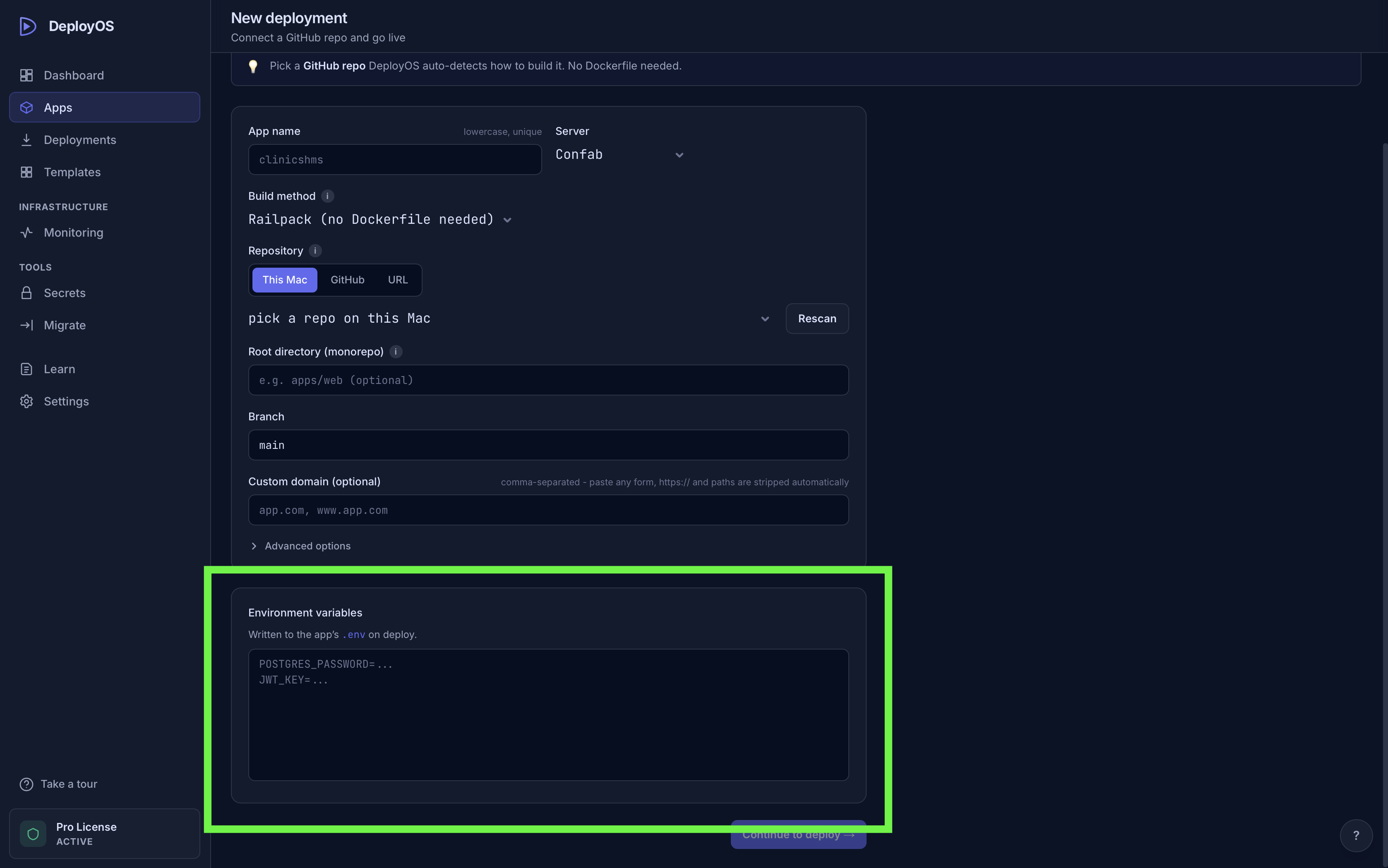 App Config tab environment variables editor