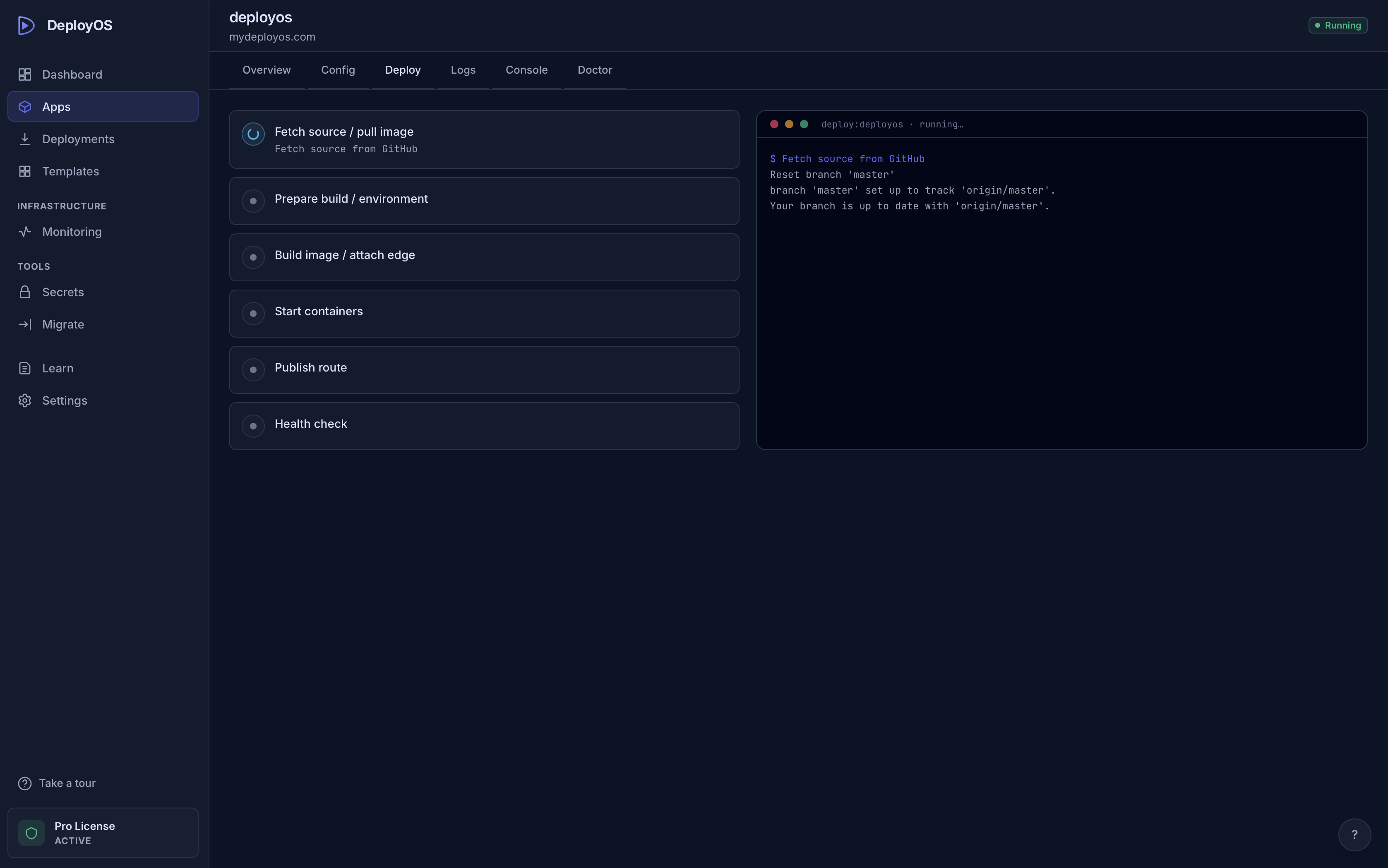 Live deploy log (LiveRun) with step statuses