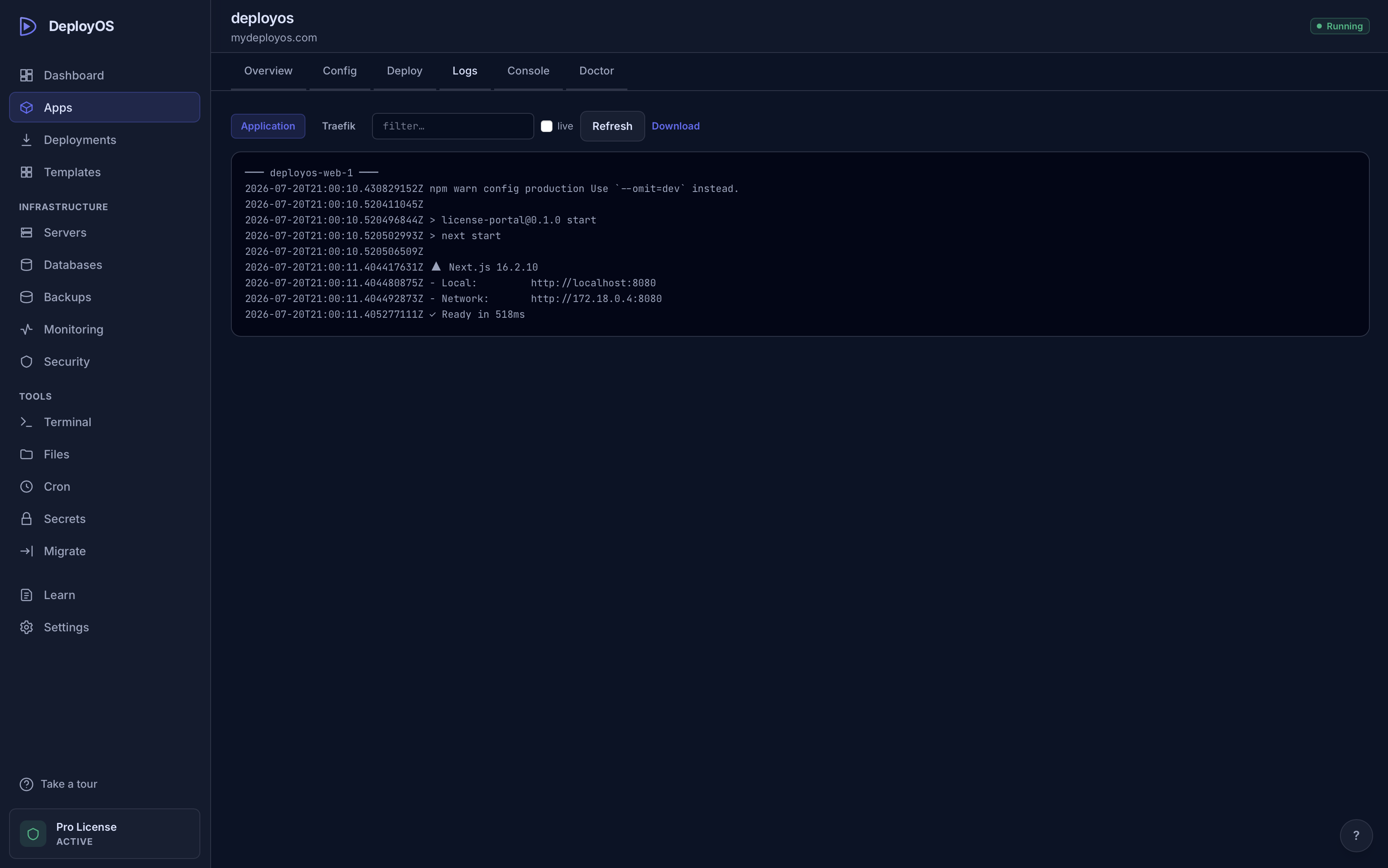 Logs tab with search, live toggle, and download button