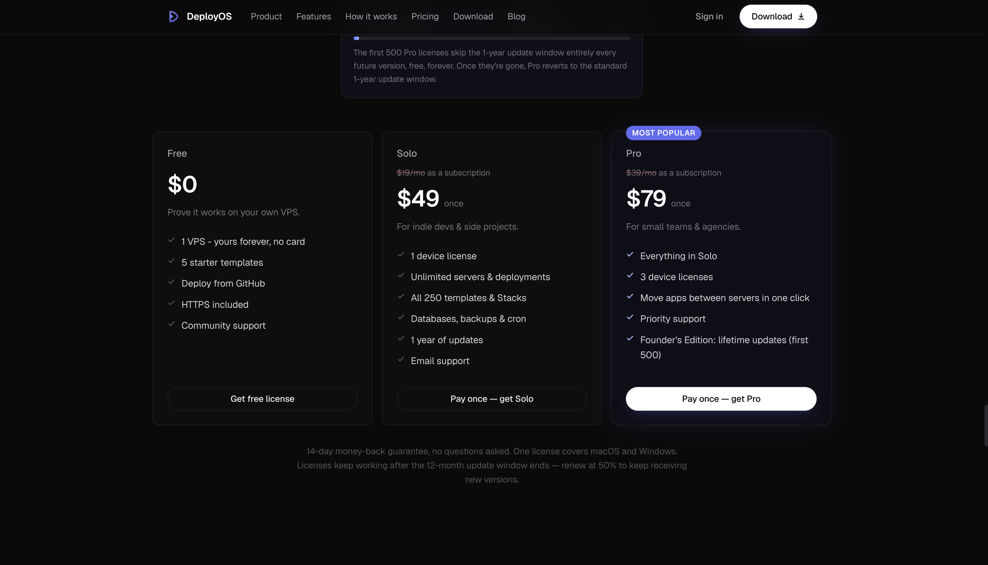 Pricing section with three plan cards