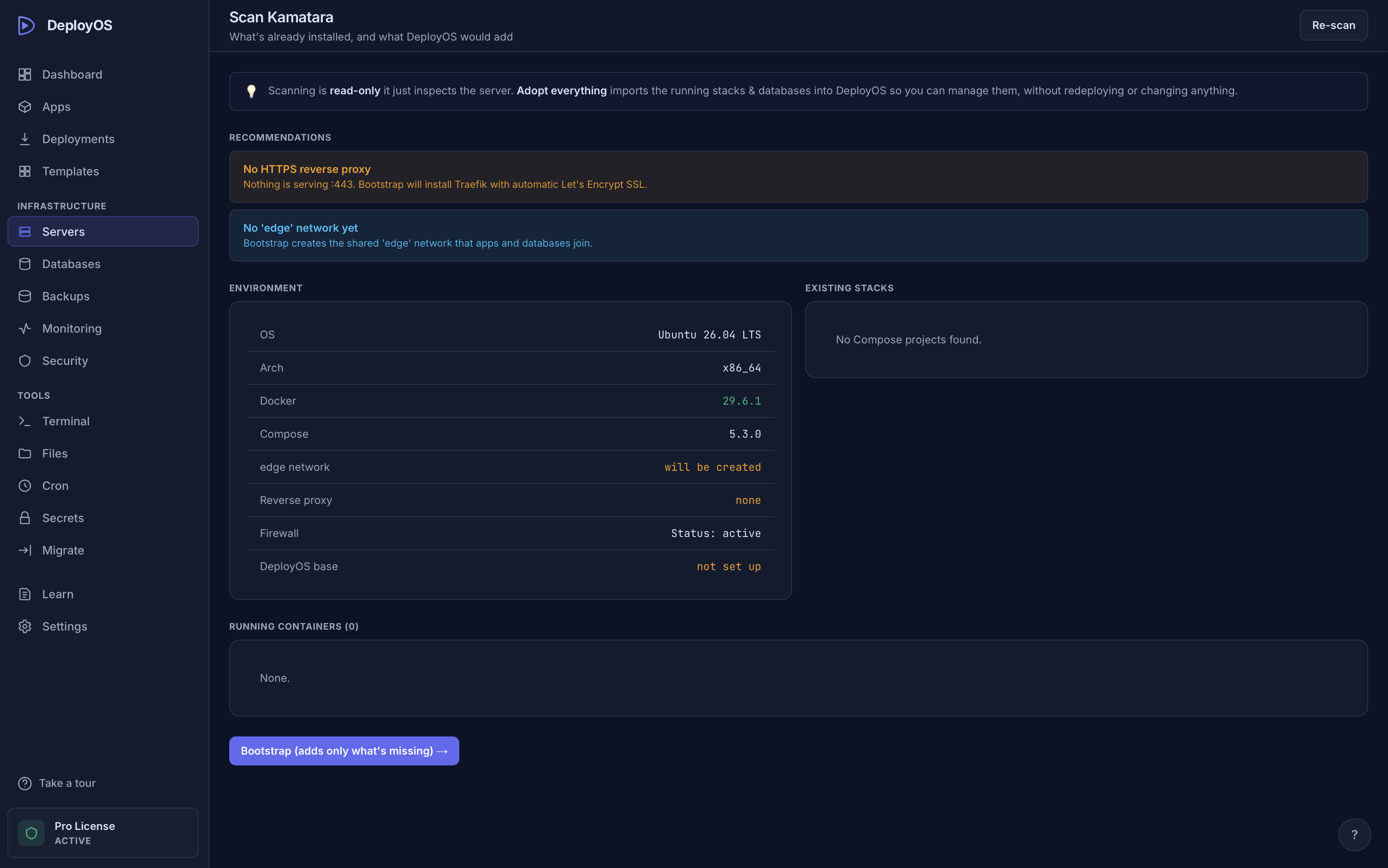 Discover/Scan results with facts, advisories, and container table