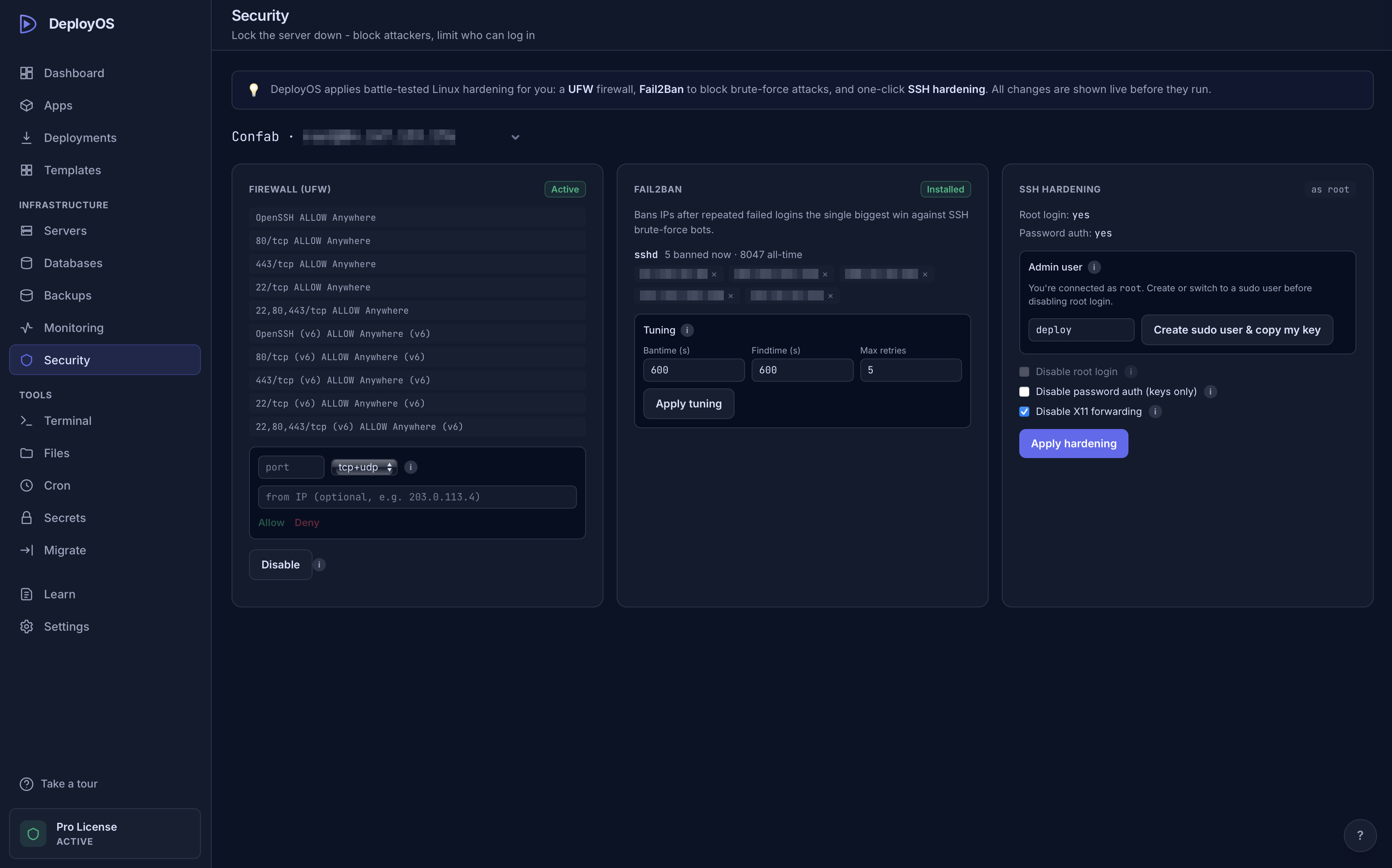 Security page showing ufw status and enable action