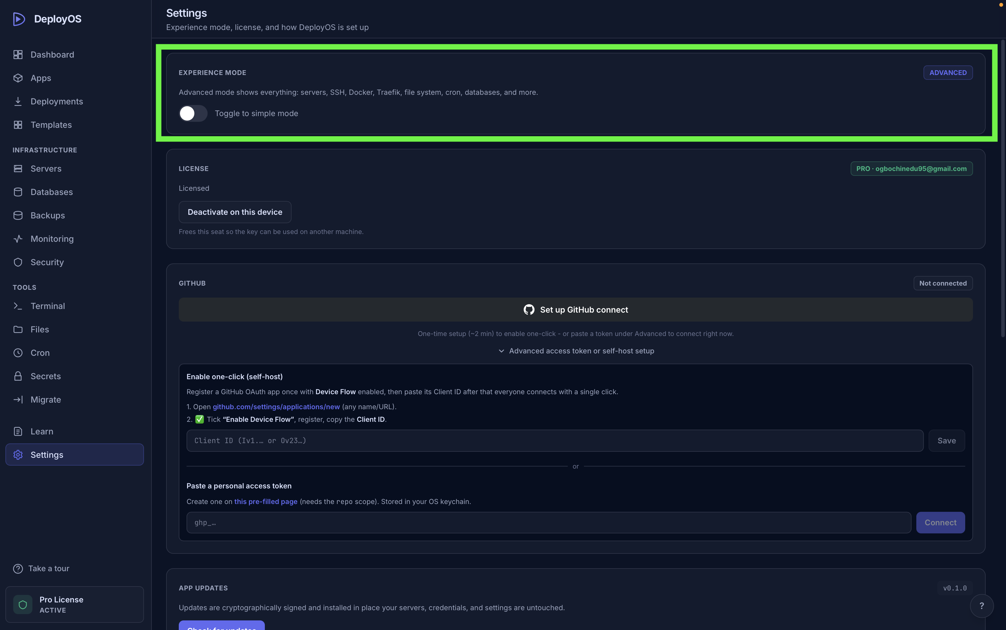 Settings page with Simple/Advanced mode card