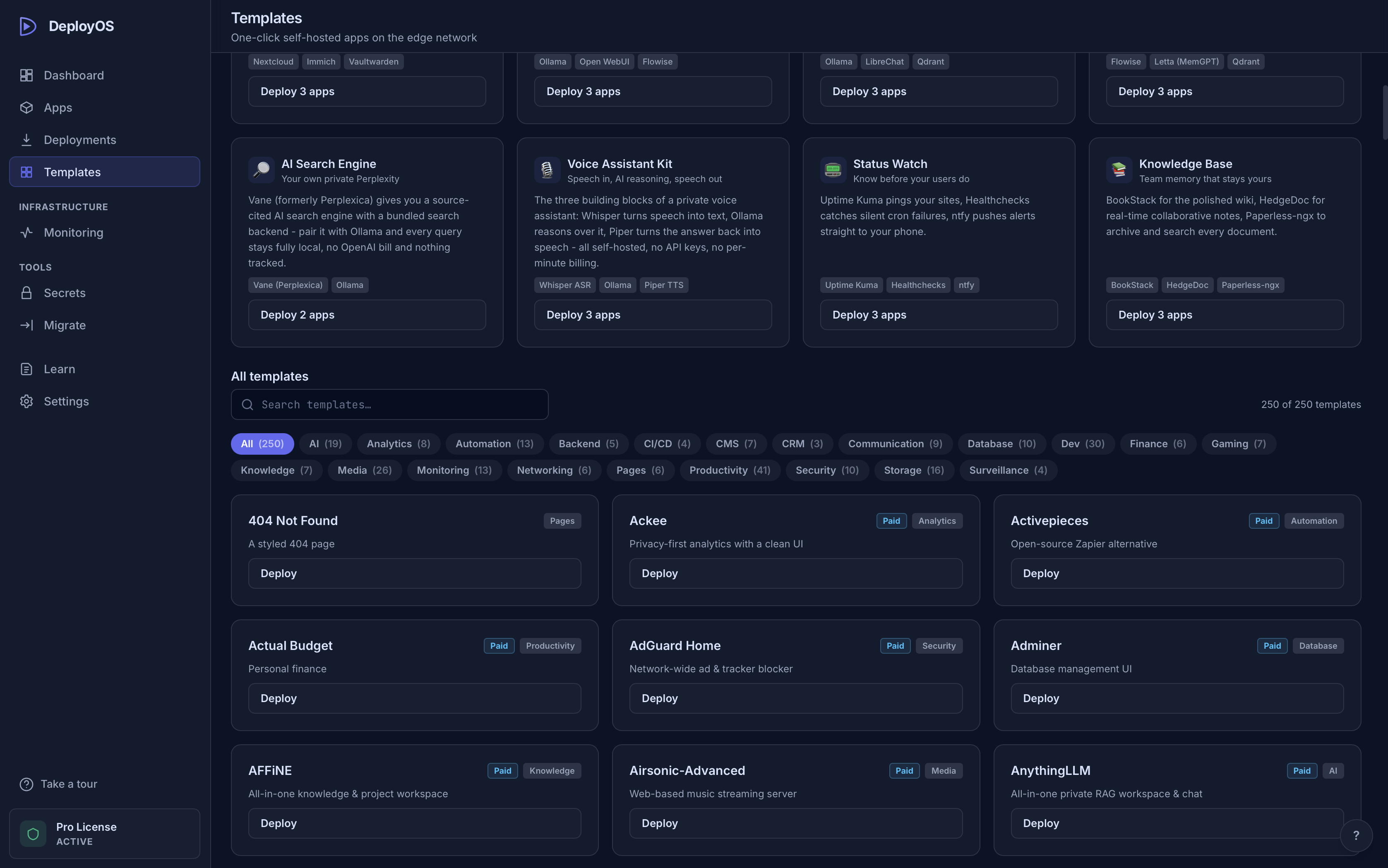 Templates gallery with category filters